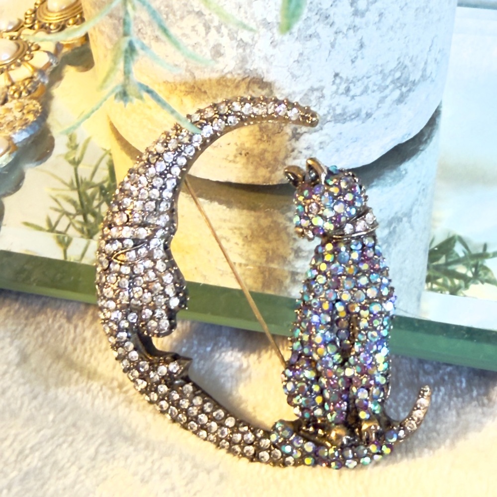 Silver and Blue Crystal Moon and Cat Brooch